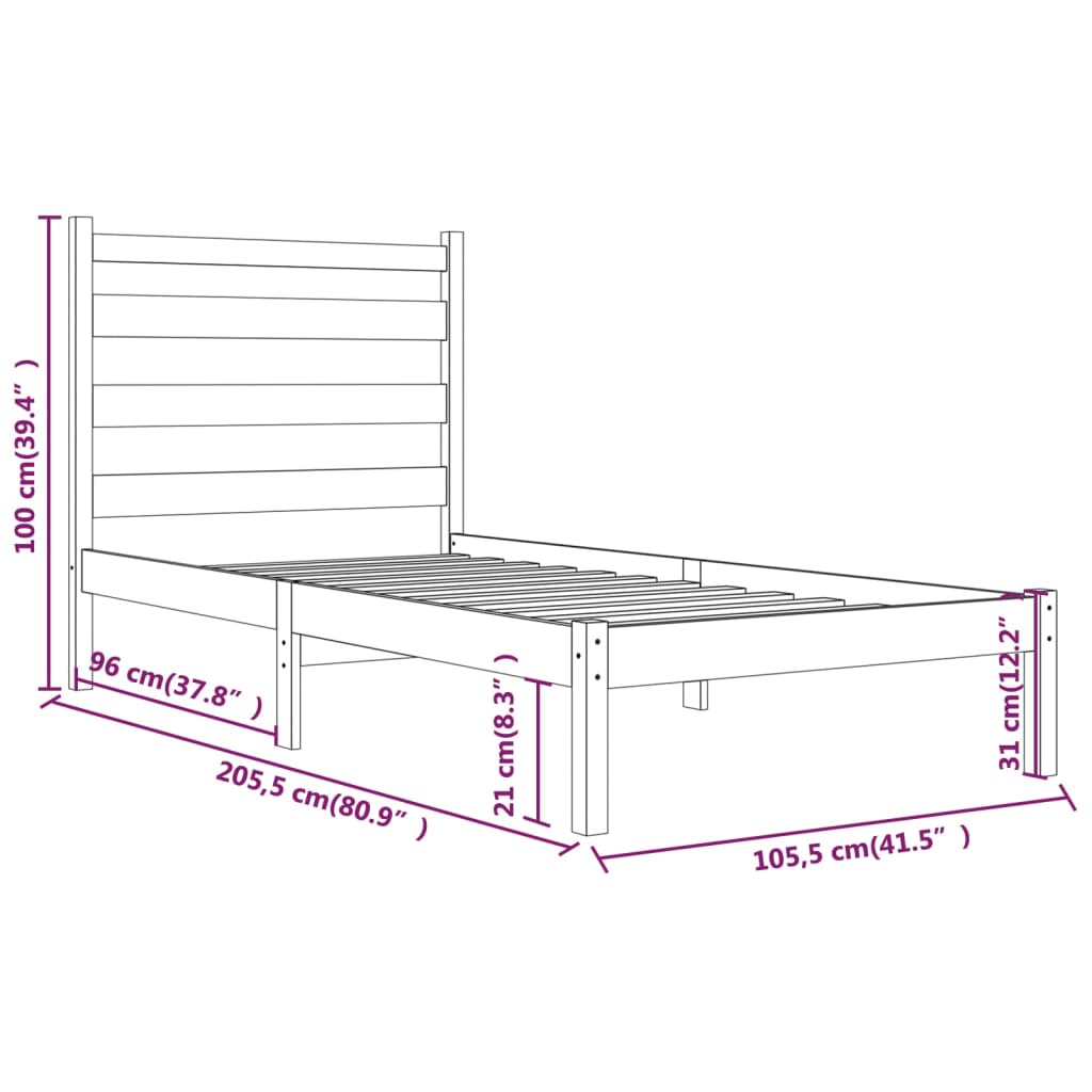 vidaXL Bed Frame without Mattress White Solid Wood 100x200 cm