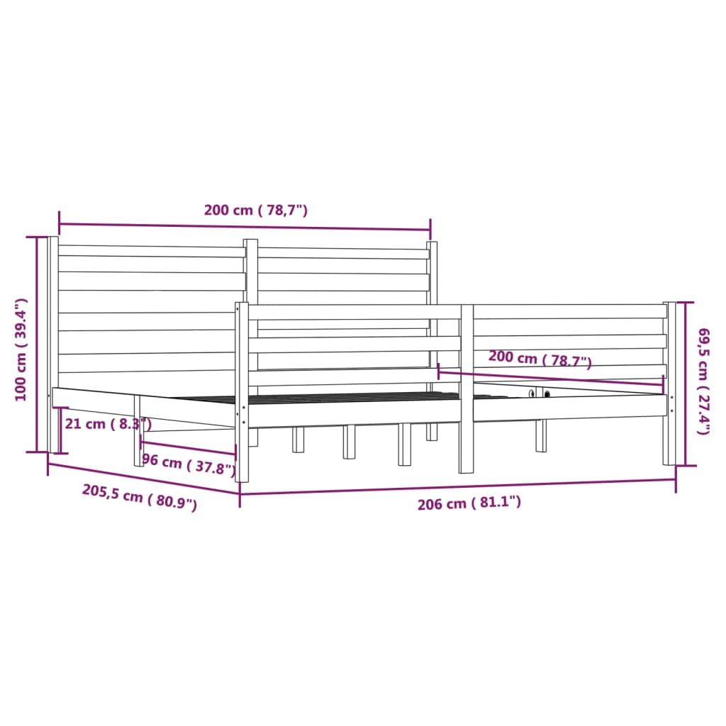 vidaXL Bed Frame | Grey | Solid pine wood | 200x200 cm | Durable | Bed Frame