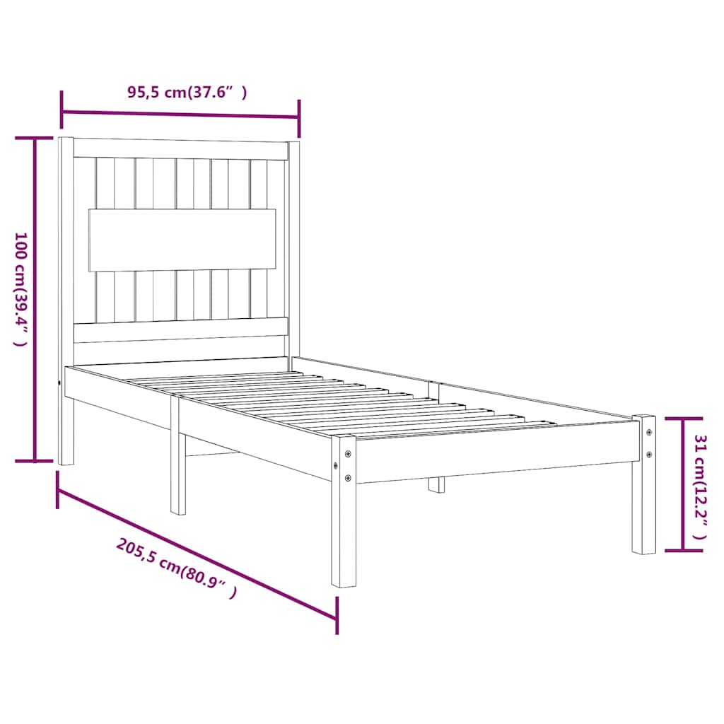 vidaXL Bed Frame without Mattress White Solid Wood 90x200 cm