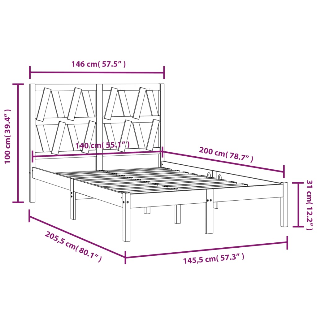 3103998 vidaXL Bed Frame without Mattress Solid Wood 140x200 cm (810017+818620)