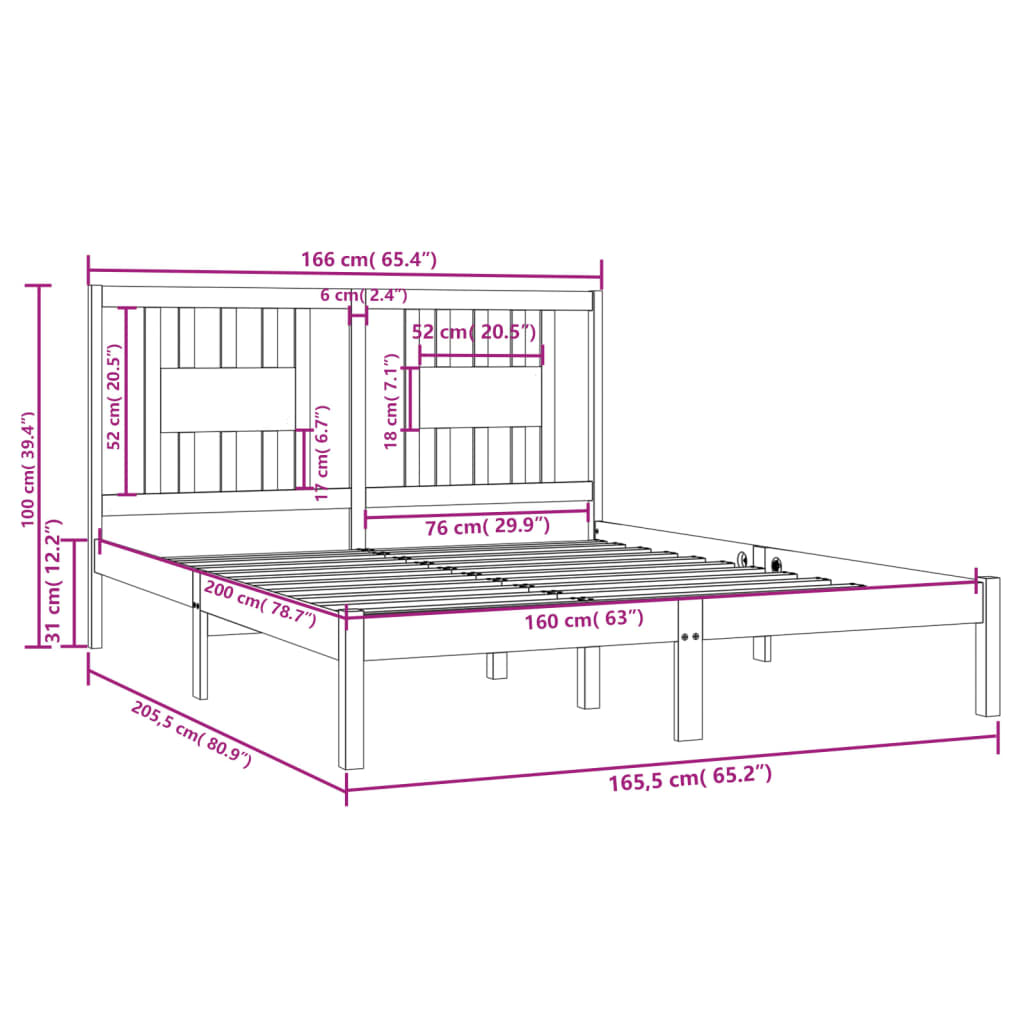 3104073 vidaXL Bed Frame without Mattress Solid Wood 160x200 cm (810027+818680)