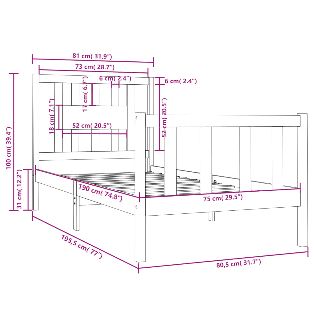 vidaXL Bed Frame without Mattress Black Solid Wood Small Single