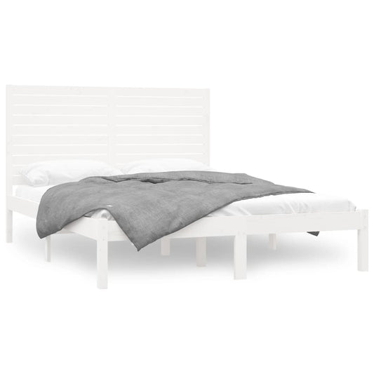 vidaXL Bed Frame | White | Solid pinewood | Double | Decorative Inlays