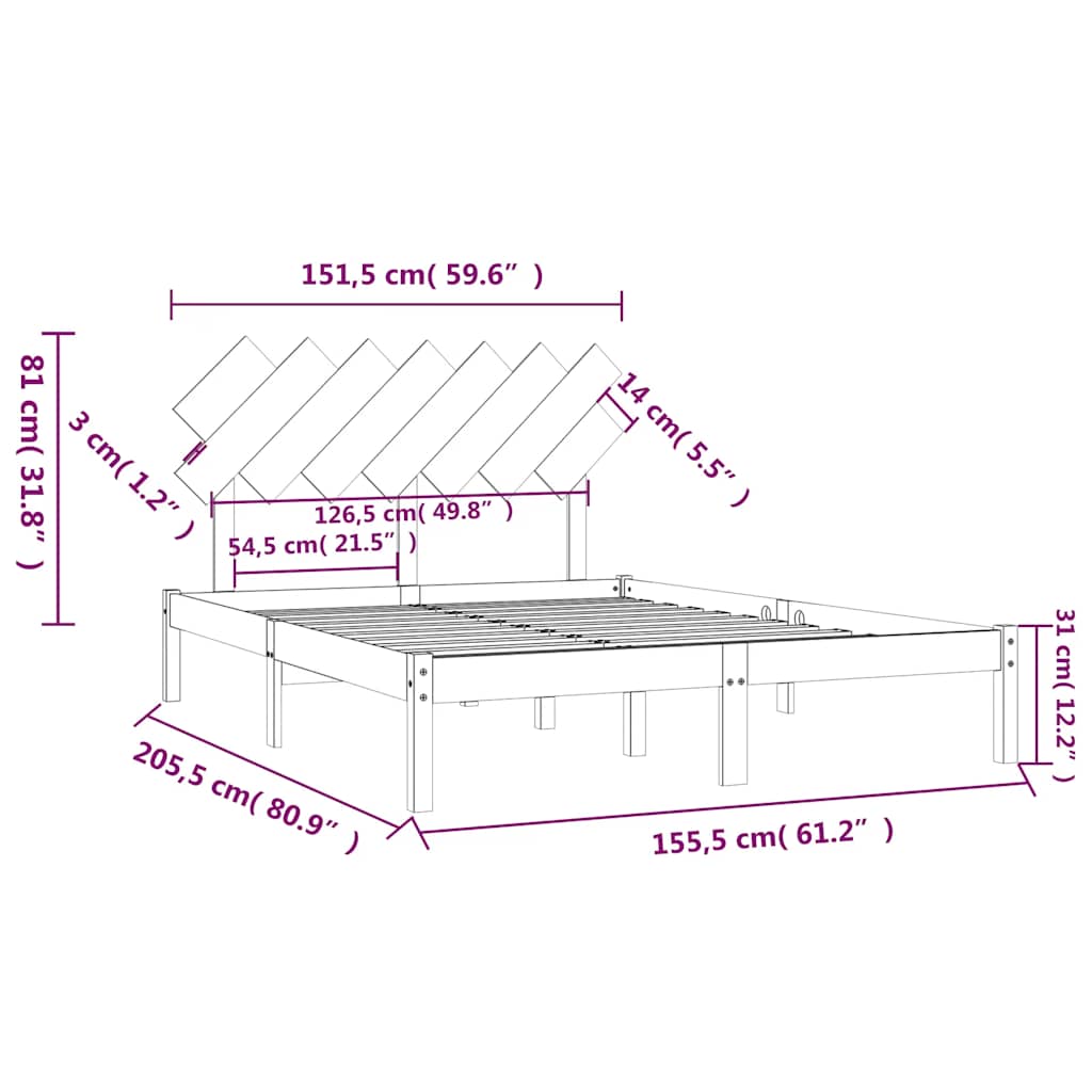 vidaXL Bed Frame without Mattress 150x200 cm King Size King Size Solid Wood