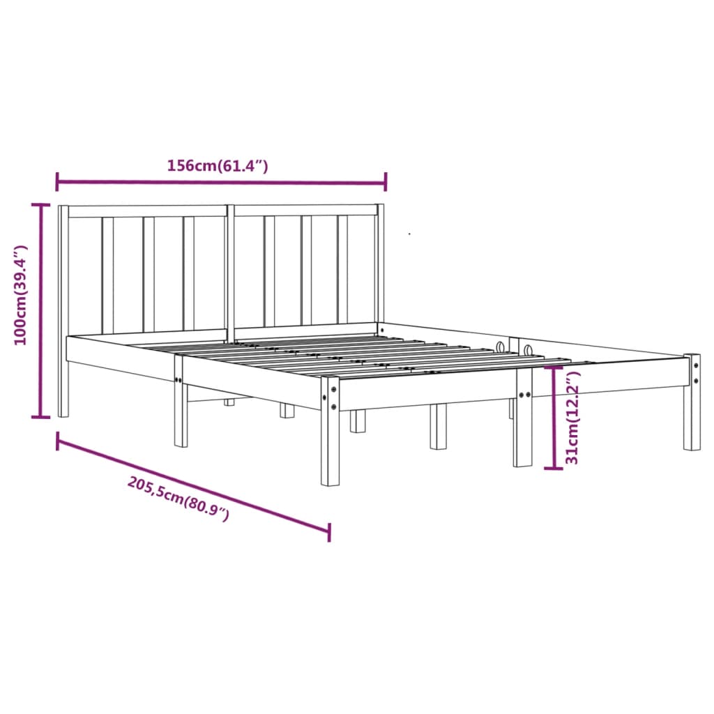 vidaXL Bed Frame | Black | Solid Pine Wood | King | Durable | Bed Frame