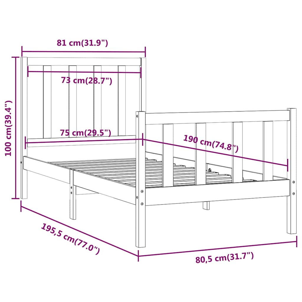 vidaXL Bed Frame without Mattress Black 75x190 cm Solid Wood