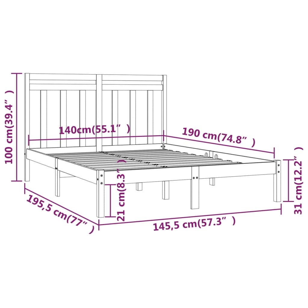 vidaXL Bed Frame | Black | Solid Pine Wood, Plywood | 140 x 190 cm | Simple