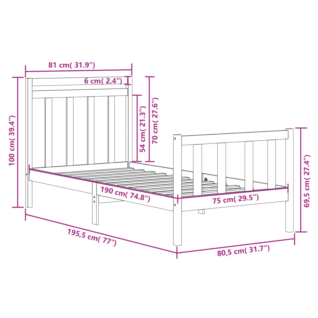 vidaXL Bed Frame without Mattress Black 75x190 cm Small Single Solid Wood