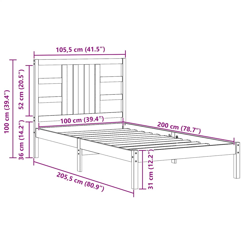 vidaXL Bed Frame | White | Solid pine wood | Single | Decorative Inlays