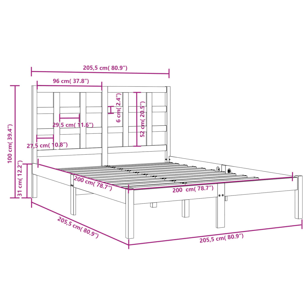 vidaXL Bed Frame without Mattress Black 200x200 cm Solid Wood