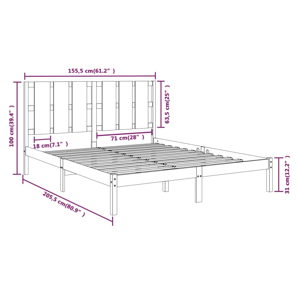 vidaXL Bed Frame | Black | Solid pine wood | King | Durable | Bed Frame