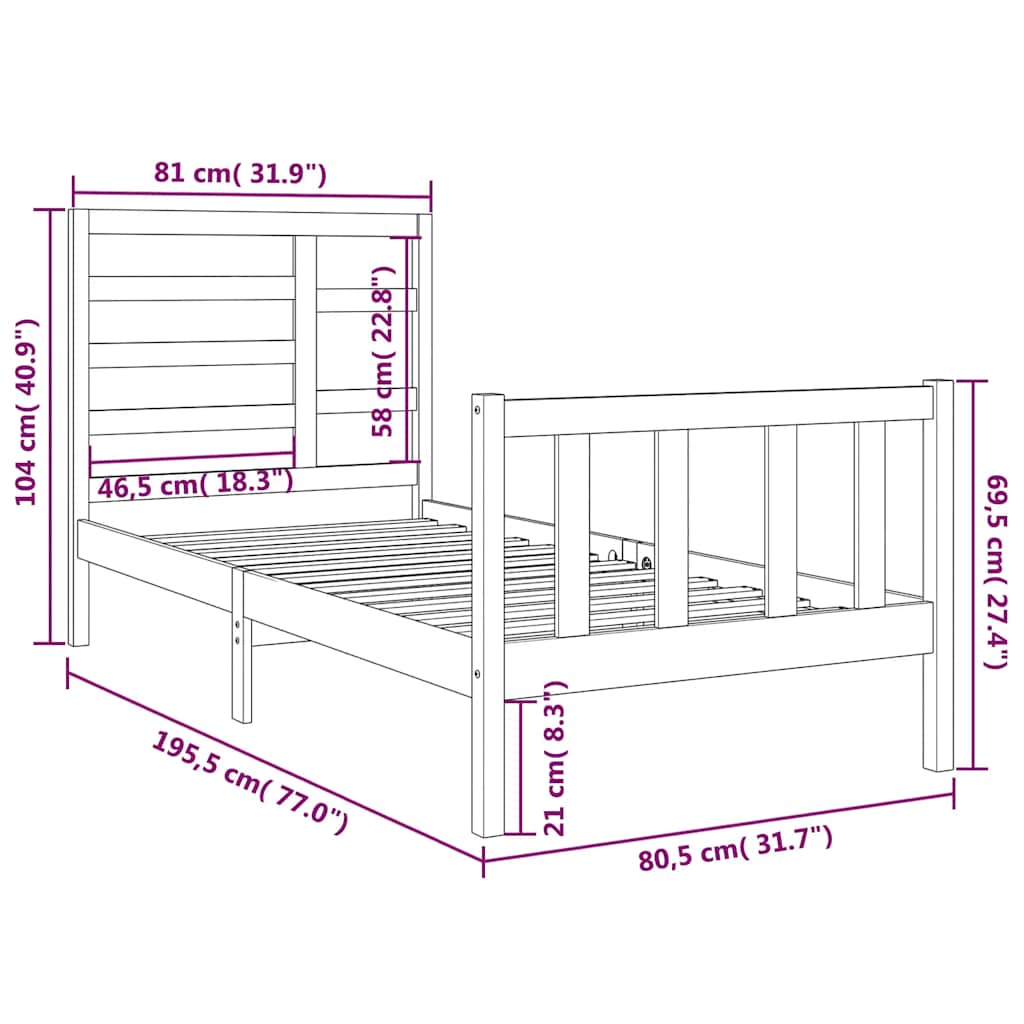 vidaXL Bed Frame | Black | Solid pine wood, Plywood | Small Single