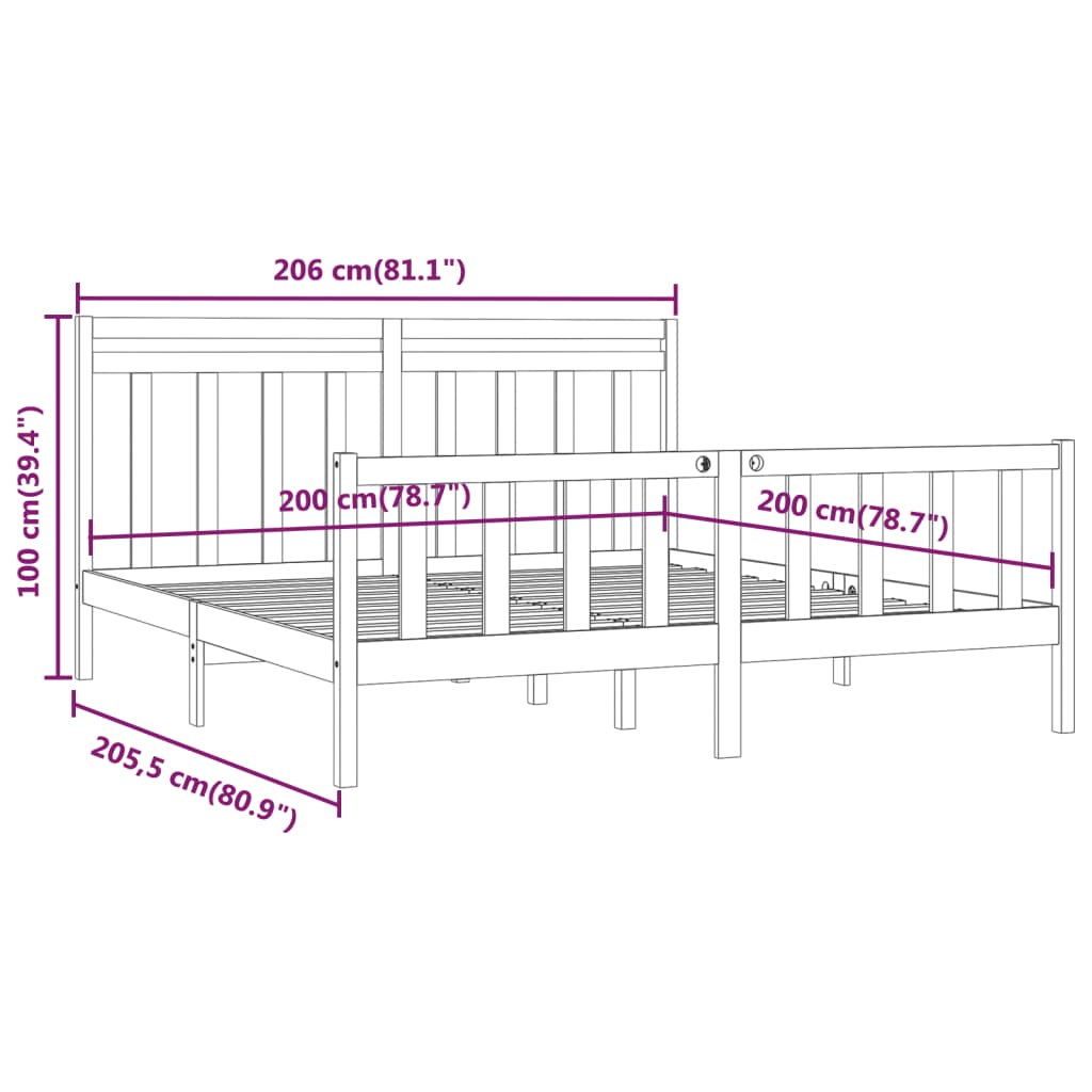 vidaXL Bed Frame | Black | Solid pine wood and plywood | 200x200 cm | Durable