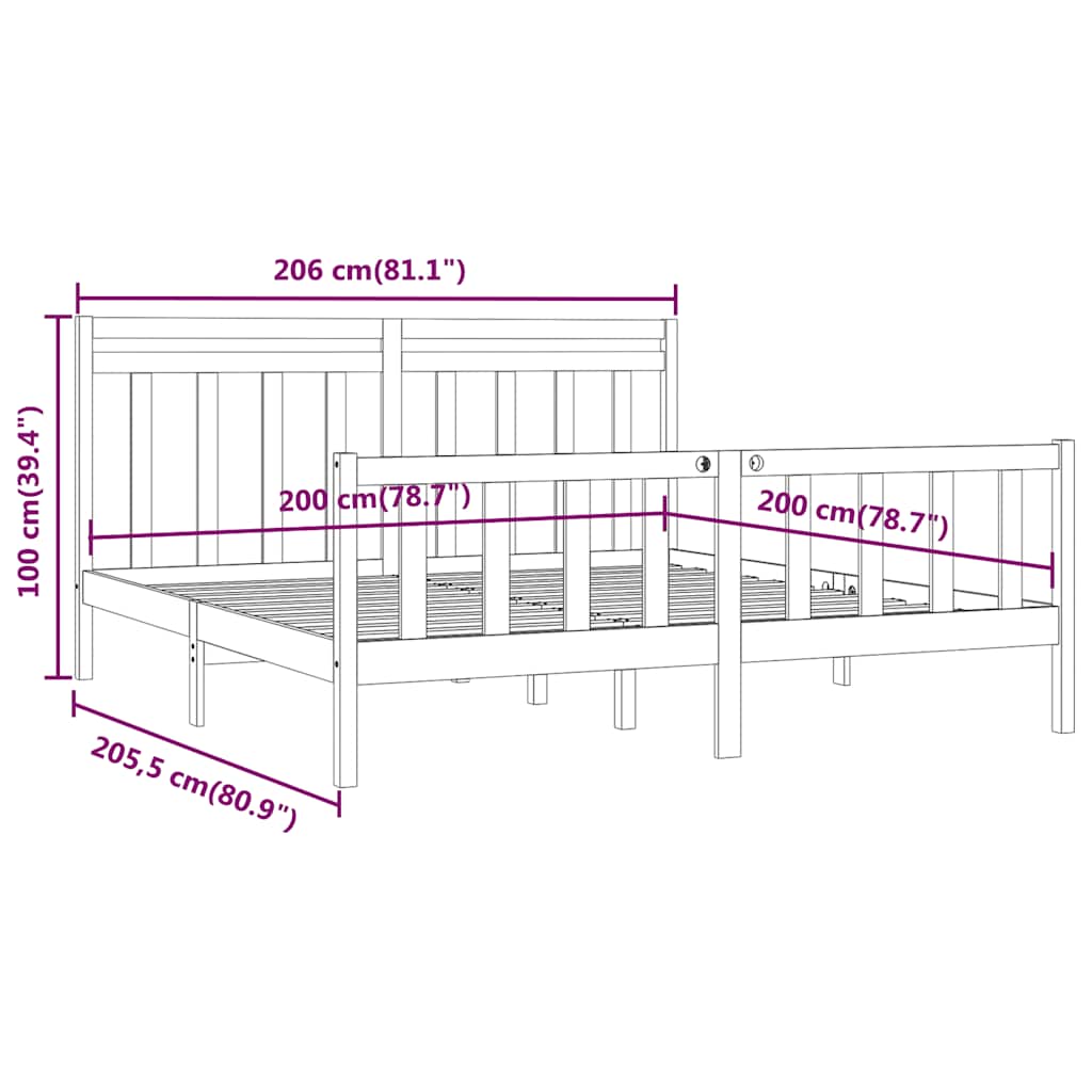 vidaXL Bed Frame without Mattress Black Solid Wood Pine 200x200 cm