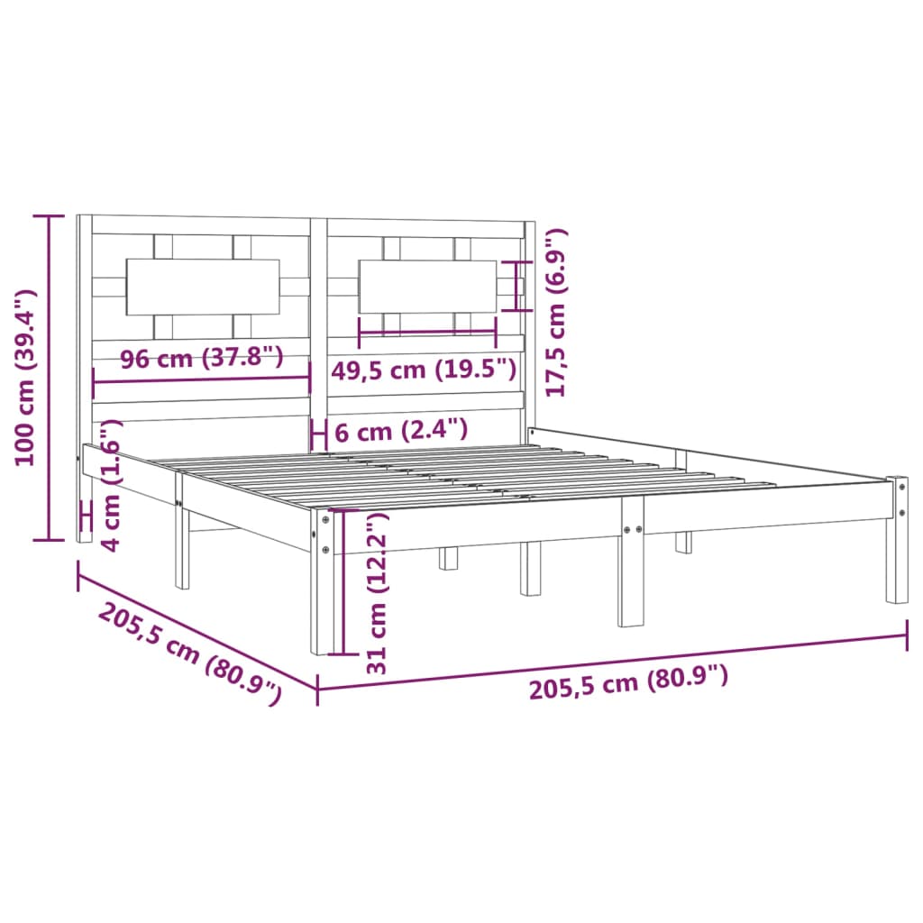 vidaXL Bed Frame | Black | Solid Pine Wood | 200x200 cm | Rectangular | Rustic