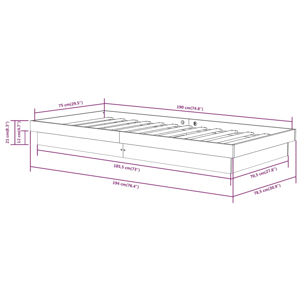 vidaXL Bed Frame without Mattress Grey Solid Wood Small Single
