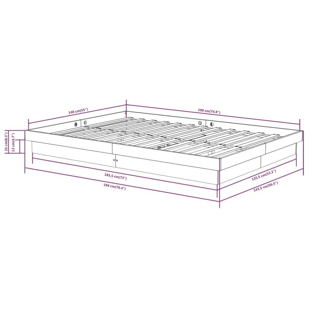 vidaXL Bed Frame without Mattress Grey Solid Wood 140x190 cm