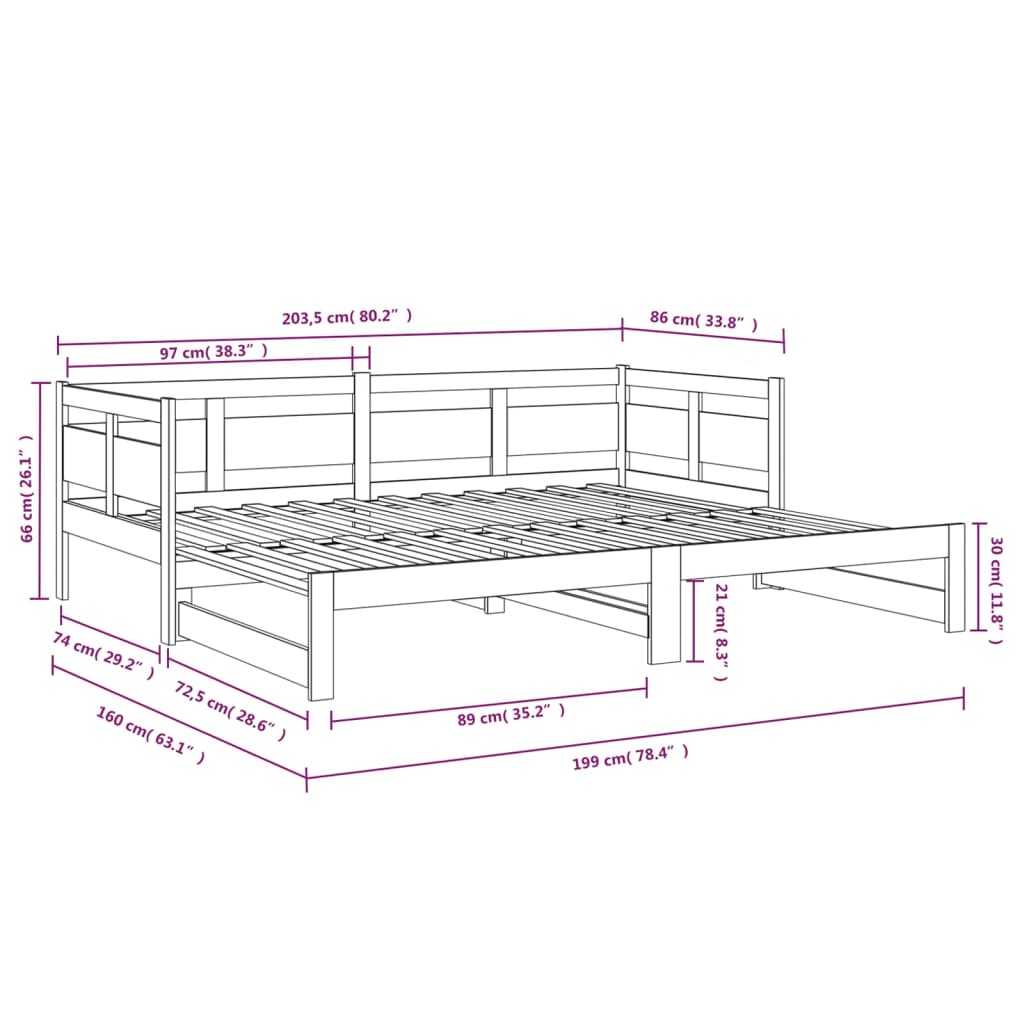 vidaXL Pull-out Day Bed without Mattress Solid Wood Pine 2x(80x200) cm