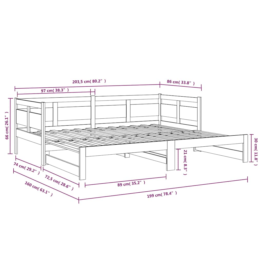 vidaXL Pull-out Day Bed without Mattress Solid Wood Pine 2x(80x200) cm
