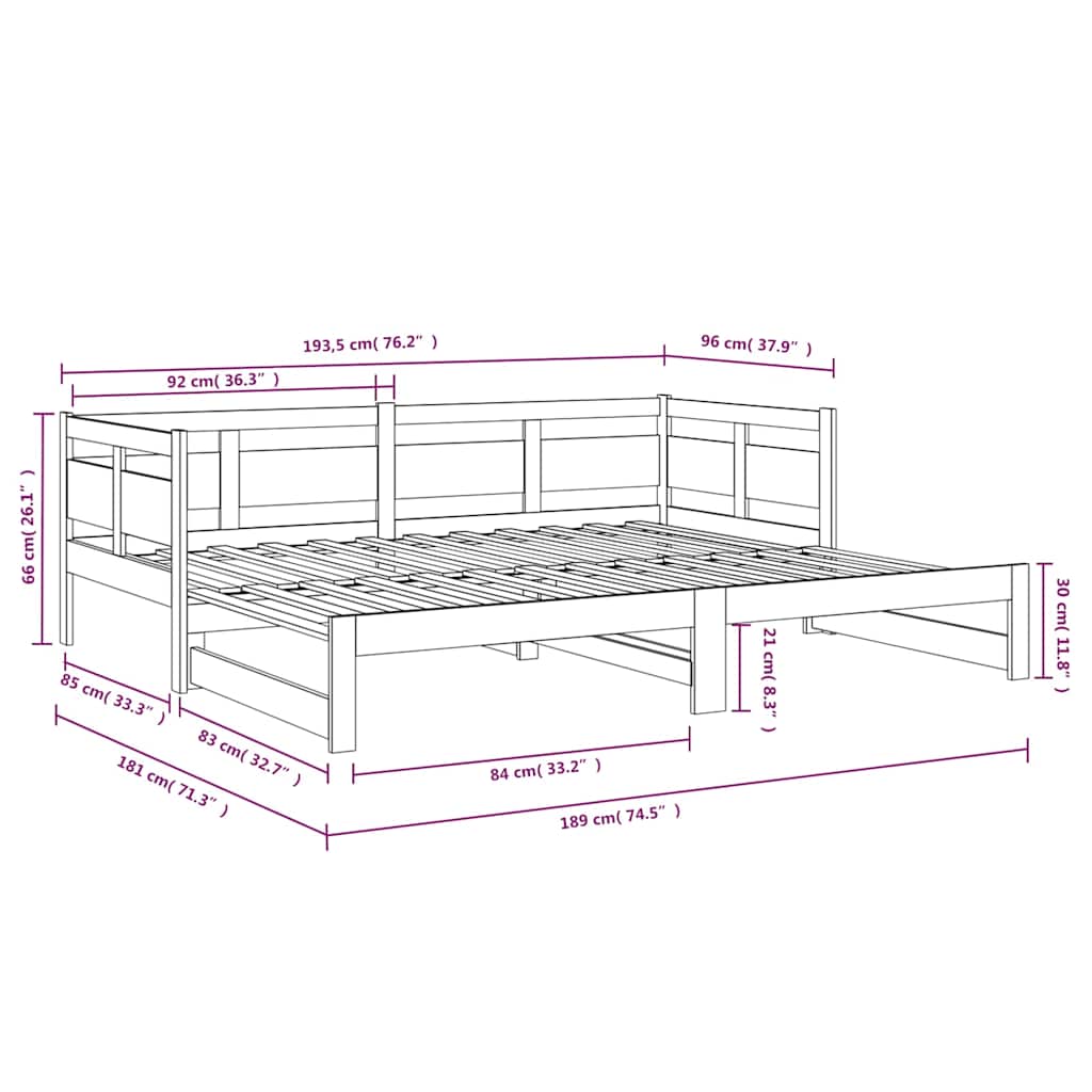 vidaXL Pull-out Day Bed without Mattress Solid Wood Pine 2x(90x190) cm