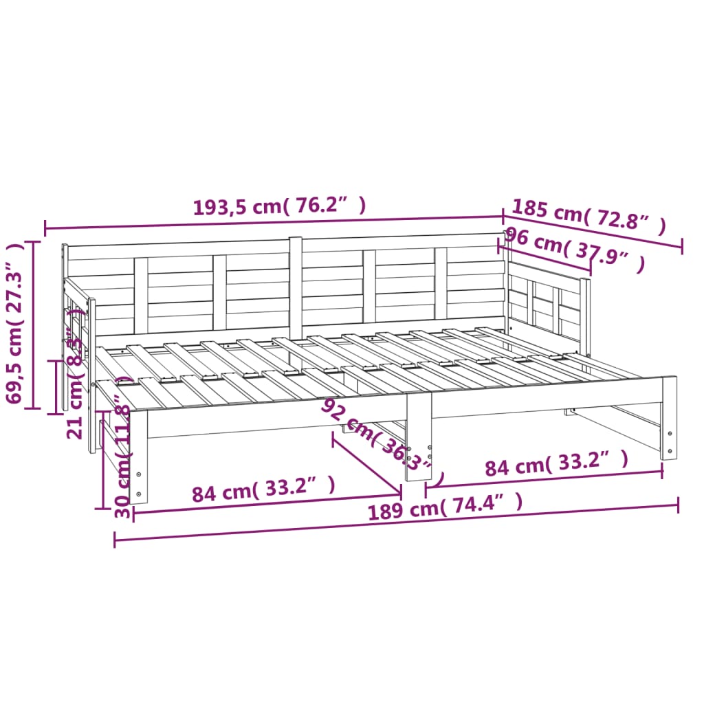 vidaXL Pull-out Day Bed without Mattress Black 2x(90x190) cm
