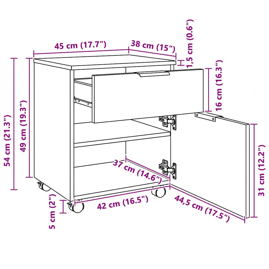 vidaXL Mobile File Cabinet with Wheels Sonoma Oak 45x38x54 cm Engineered Wood