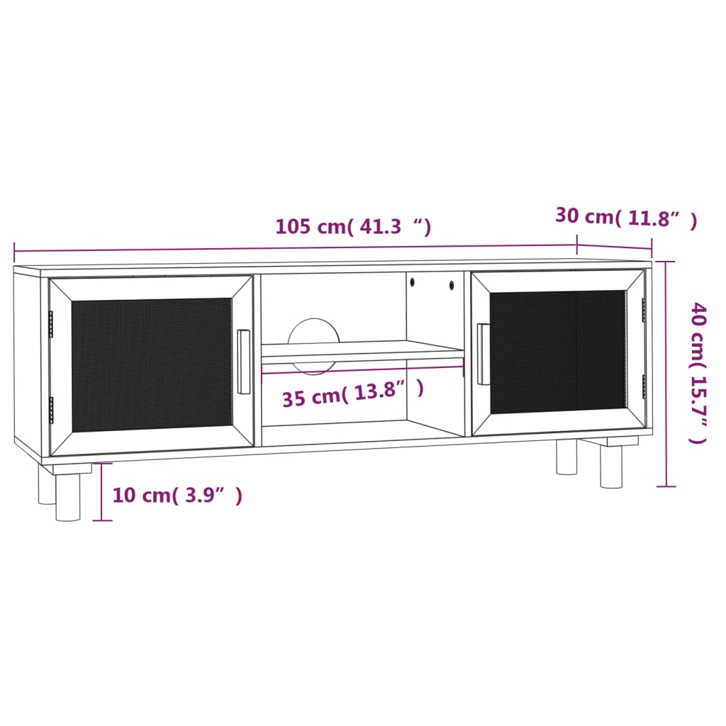 vidaXL TV Cabinet | White | Engineered Wood, Solid Pinewood, Natural Rattan