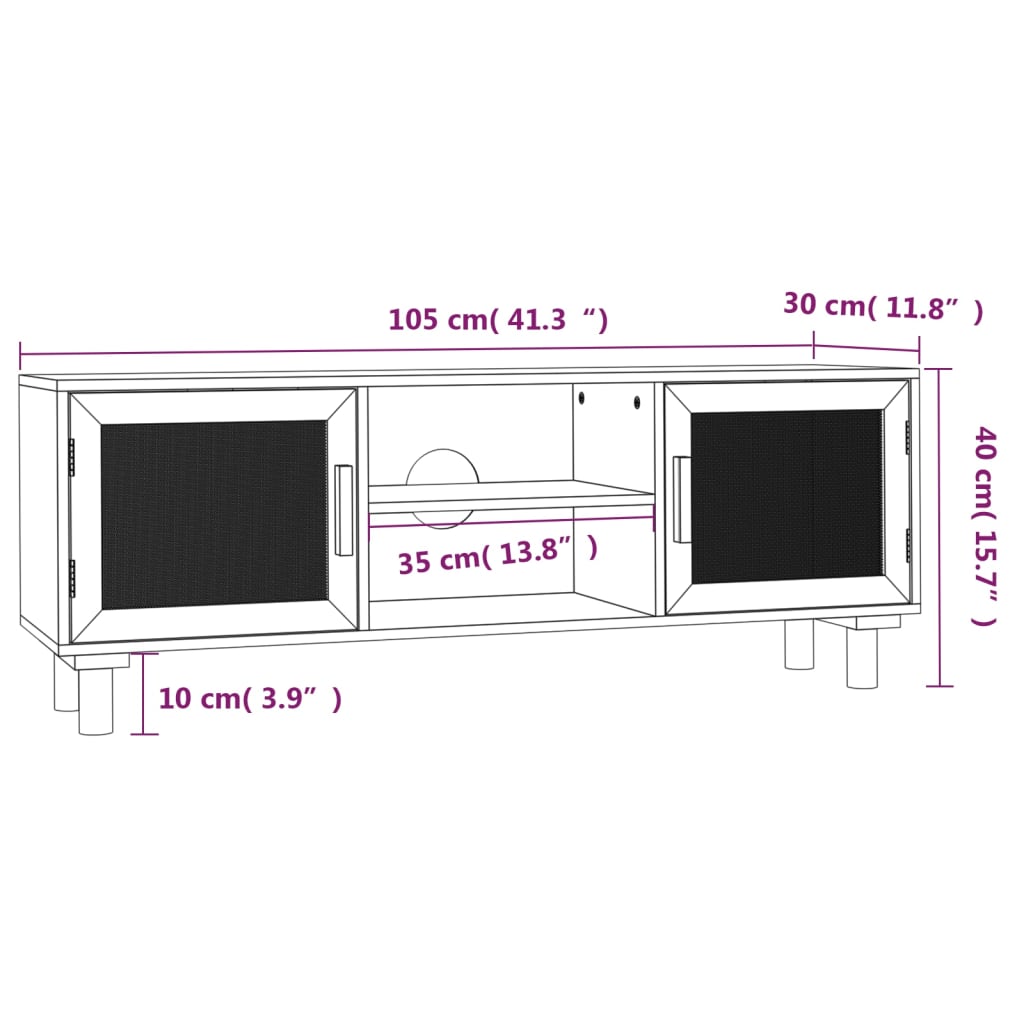 vidaXL TV Cabinet Black 105x30x40 cm Solid Wood Pine&Natural Rattan