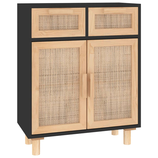 vidaXL Sideboard | Black | Engineered wood, solid pinewood, natural rattan