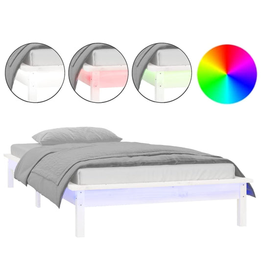 vidaXL LED Bed Frame without Mattress White 75x190 cm Small Single Solid Wood