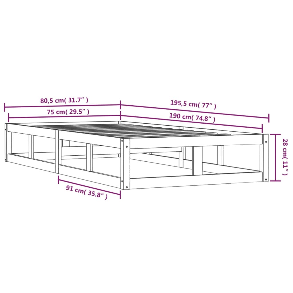 vidaXL Bed Frame | Black | Solid pine wood, Plywood | Small Single | Sturdy