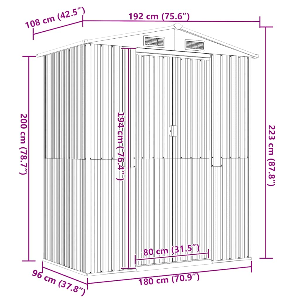 vidaXL Garden Shed Green 192x108x223 cm Galvanised Steel