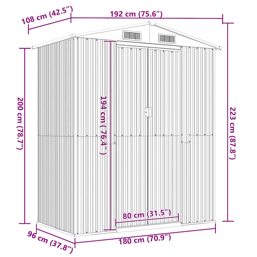 vidaXL Garden Shed Light Grey 192x108x223 cm Galvanised Steel