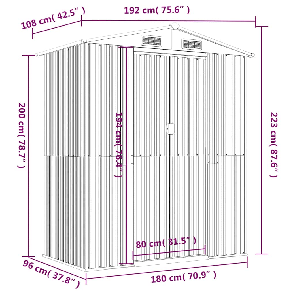 vidaXL Garden Shed Anthracite 192x108x223 cm Galvanised Steel