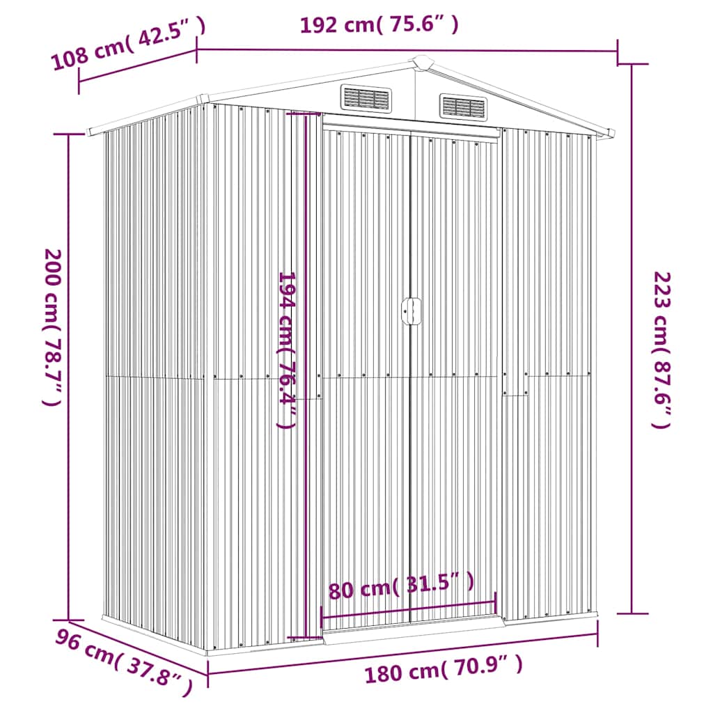 vidaXL Garden Shed Anthracite 192x108x223 cm Galvanised Steel