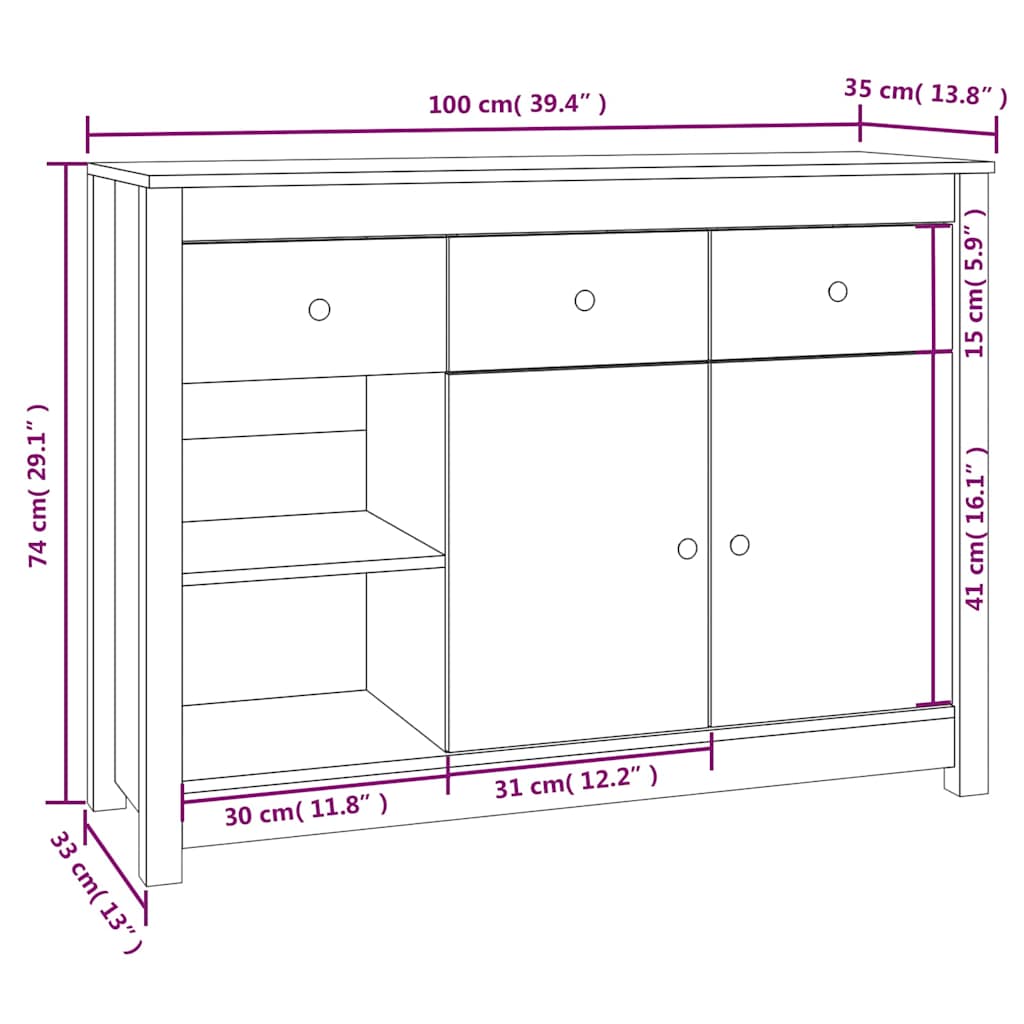 vidaXL Sideboard Honey Brown 100x35x74 cm Solid Wood Pine