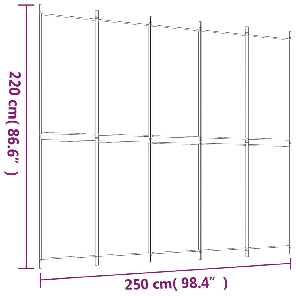 vidaXL 5-Panel Room Divider White 250x220 cm Fabric