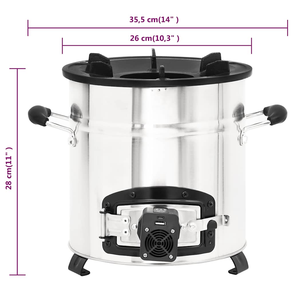 vidaXL Wood Stove with USB Fan Silver 35.5x26x28 cm Stainless Steel