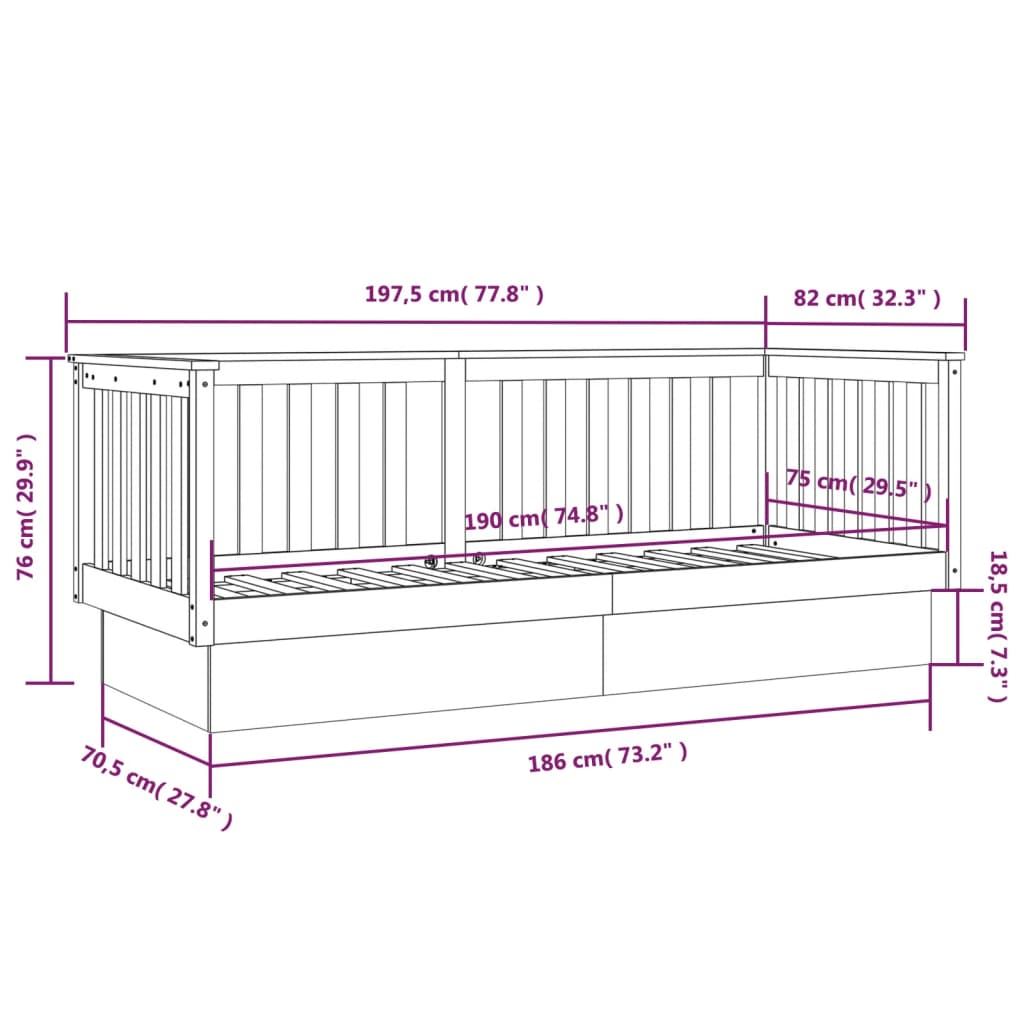 vidaXL Day Bed without Mattress Black 75x190 cm Small Single Solid Wood Pine