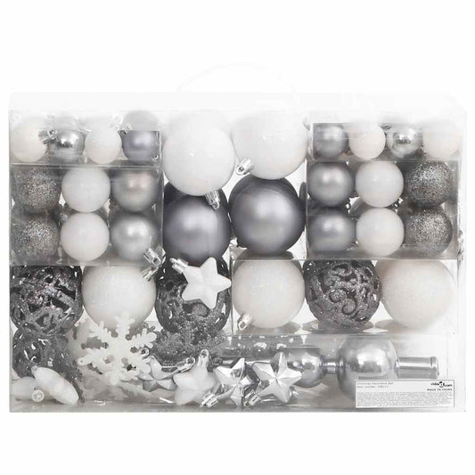 vidaXL 111 Piece Christmas Bauble Set White and Grey Polystyrene