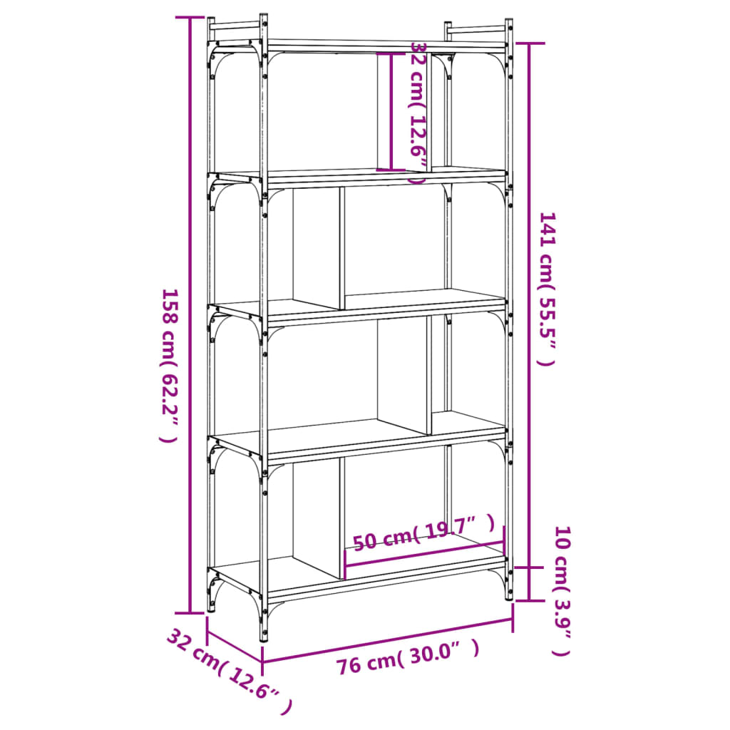 vidaXL Bookcase 5-Tier Black 76x32x158 cm Engineered Wood