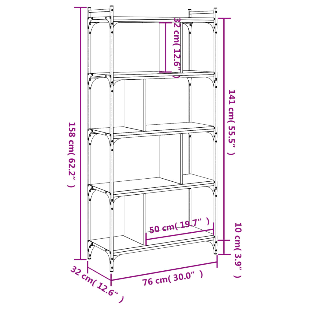 vidaXL Bookcase 5-Tier Smoked Oak 76x32x158 cm Engineered Wood