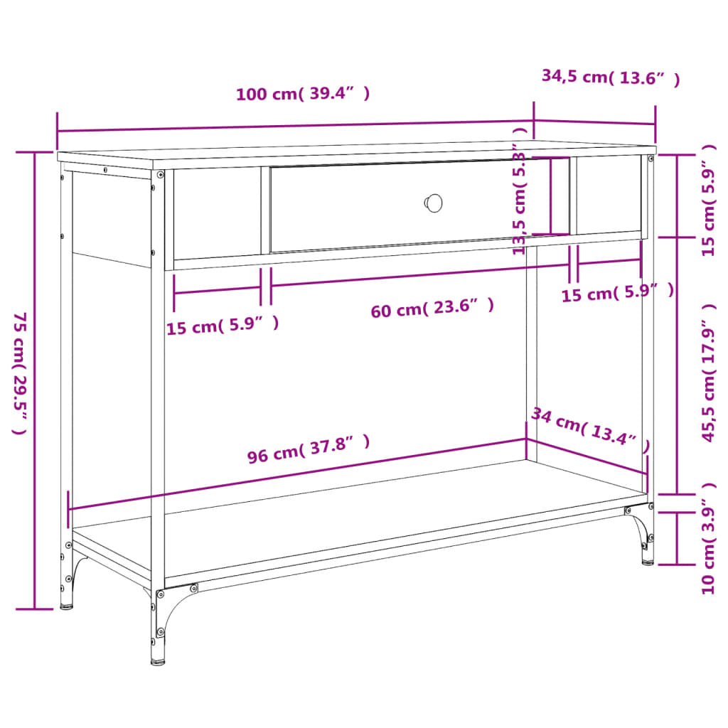 vidaXL Console Table Grey Sonoma 100x34,5x75 cm Engineered Wood