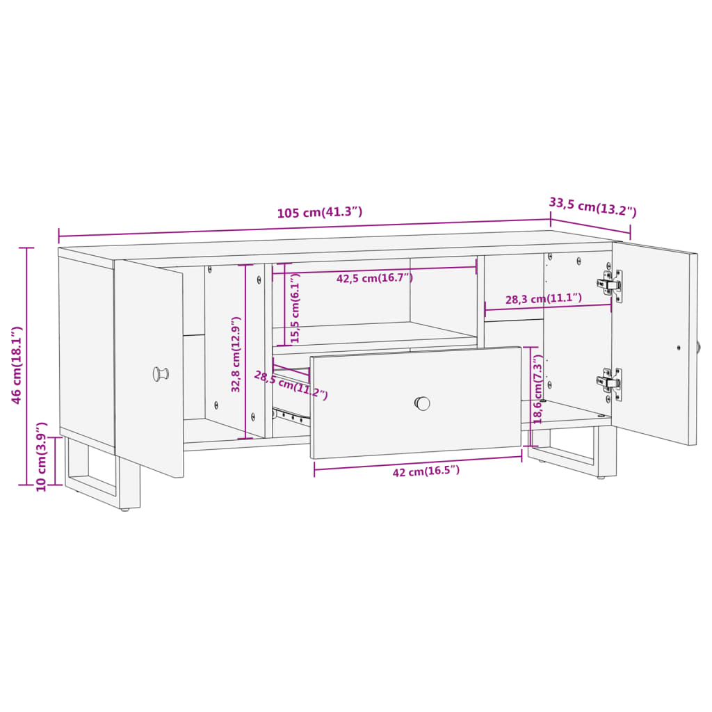 vidaXL TV Cabinet Brown and Black 105x33.5x46 cm Solid Wood Mango