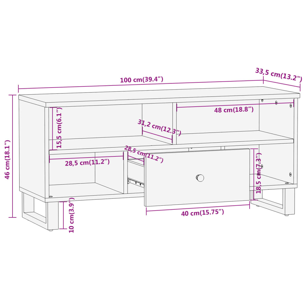 vidaXL TV Cabinet Brown and Black 100x33.5x46 cm Solid Wood Mango