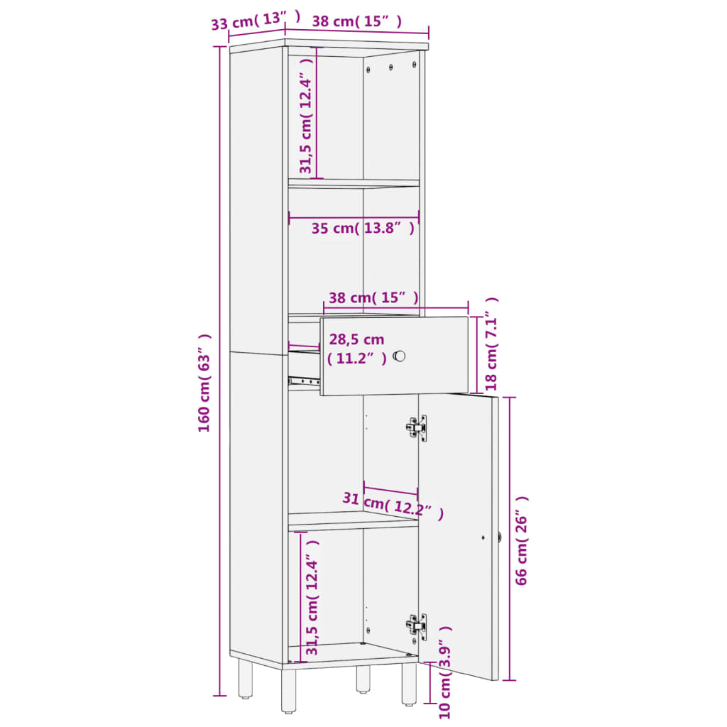vidaXL Bathroom Cabinet Black 38x33x160 cm Solid Wood Mango