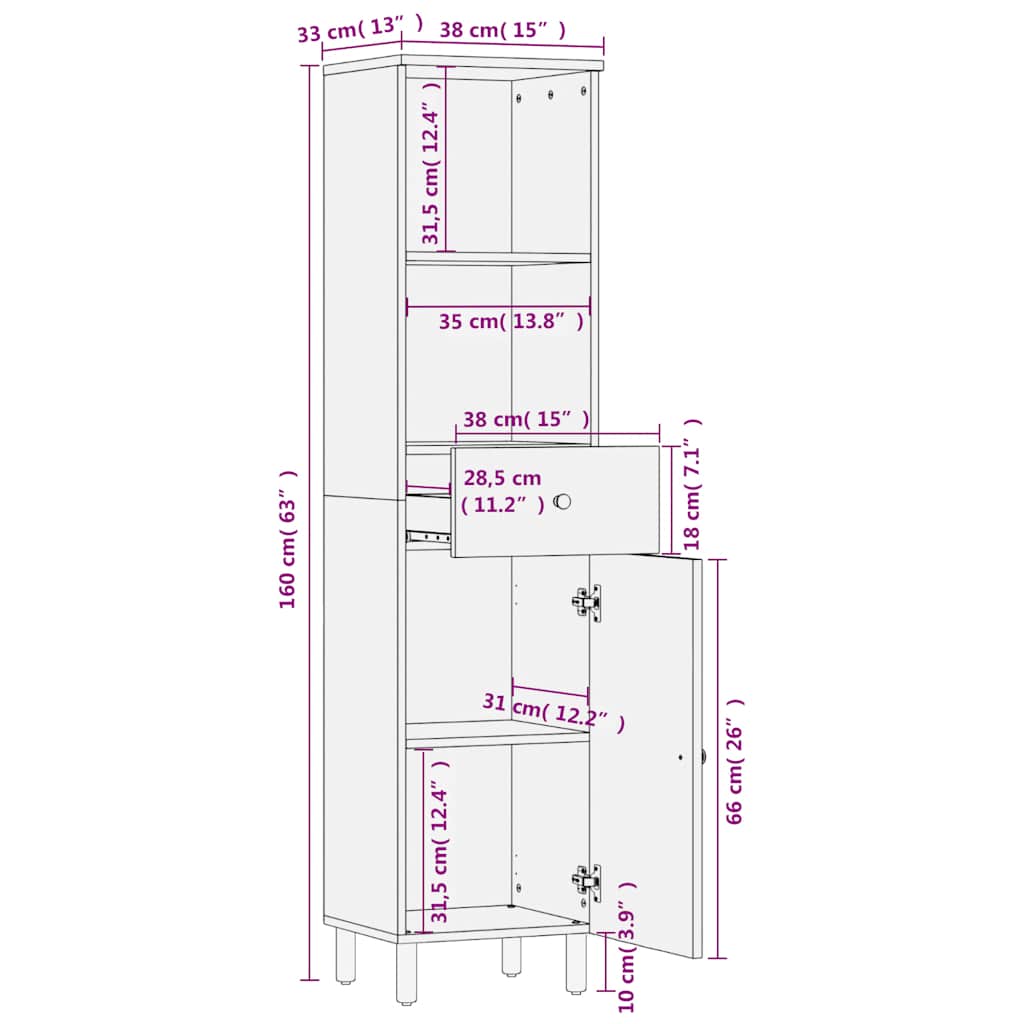vidaXL Bathroom Cabinet Black 38x33x160 cm Solid Wood Mango