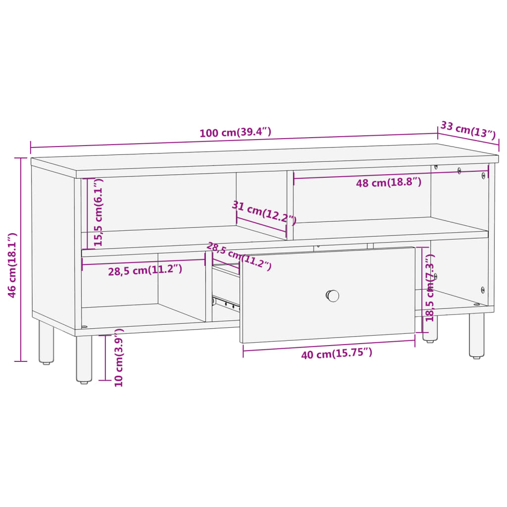 vidaXL TV Cabinet 100x33x46 cm Solid Wood Mango