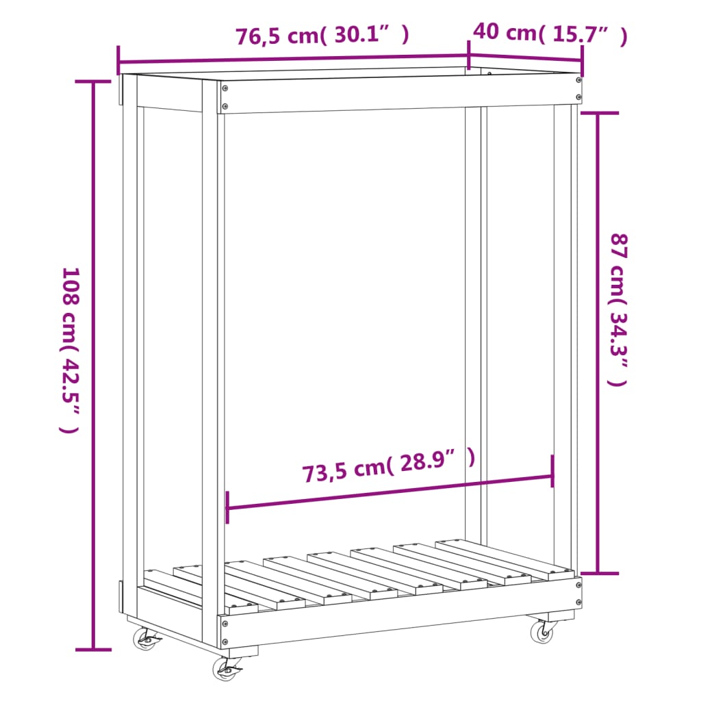 vidaXL Log Holder with Wheels 76.5x40x108 cm Solid Wood Pine