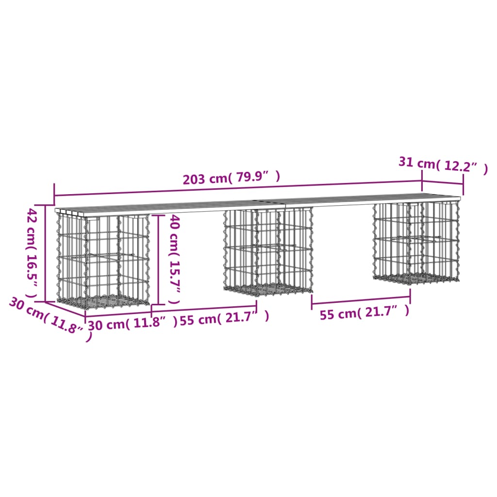 vidaXL Garden Bench Gabion Design 203x31x42 cm Solid Wood Pine